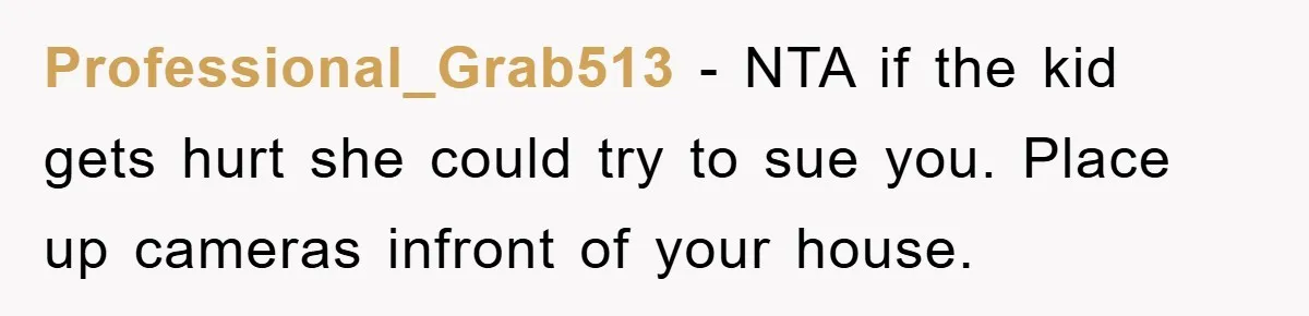 Professional_Grab513 − NTA if the kid gets hurt she could try to sue you. Place up cameras infront of your house.