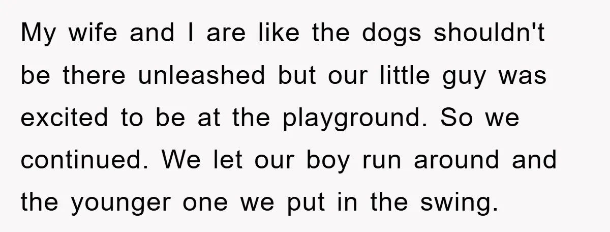 My wife and I are like the dogs shouldn't be there unleashed but our little guy was excited to be at the playground. So we continued. We let our boy...