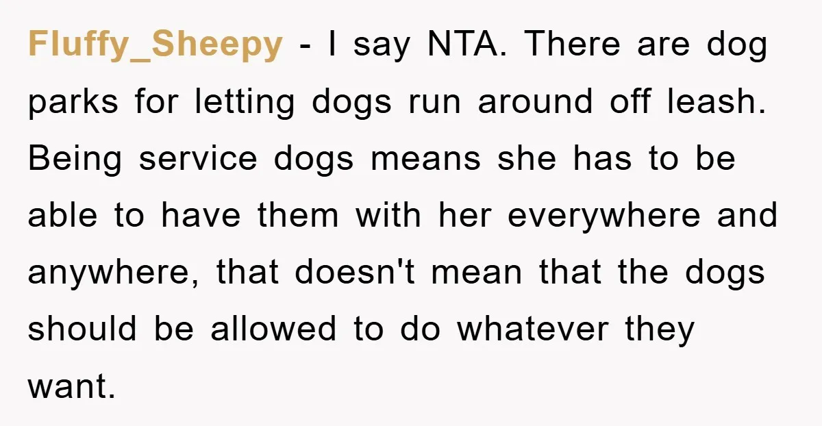 Fluffy_Sheepy − I say NTA. There are dog parks for letting dogs run around off leash. Being service dogs means she has to be able to have them with her...