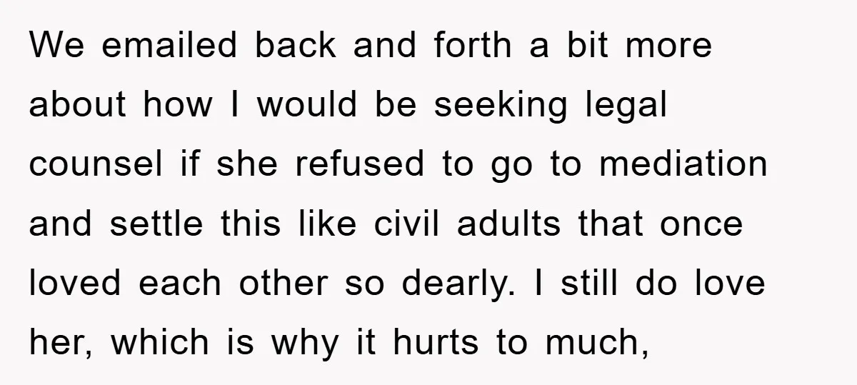 We emailed back and forth a bit more about how I would be seeking legal counsel if she refused to go to mediation and settle this like civil adults that...