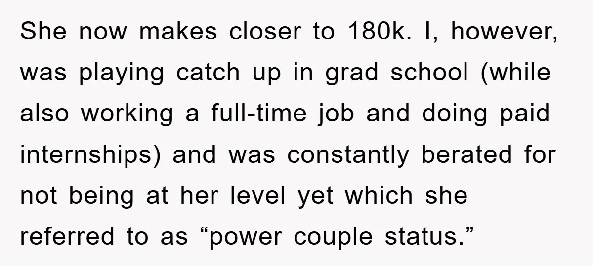 She now makes closer to 180k. I, however, was playing catch up in grad school (while also working a full-time job and doing paid internships) and was constantly berated for...