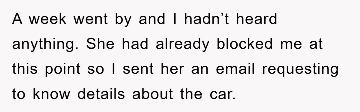 A week went by and I hadn’t heard anything. She had already blocked me at this point so I sent her an email requesting to know details about the car.