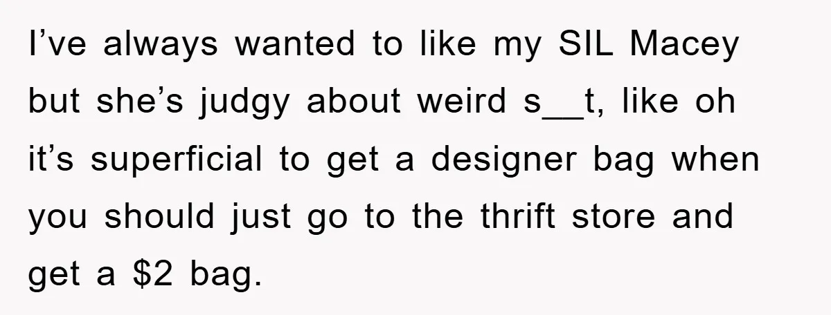 I’ve always wanted to like my SIL Macey but she’s judgy about weird s__t, like oh it’s superficial to get a designer bag when you should just go to the...