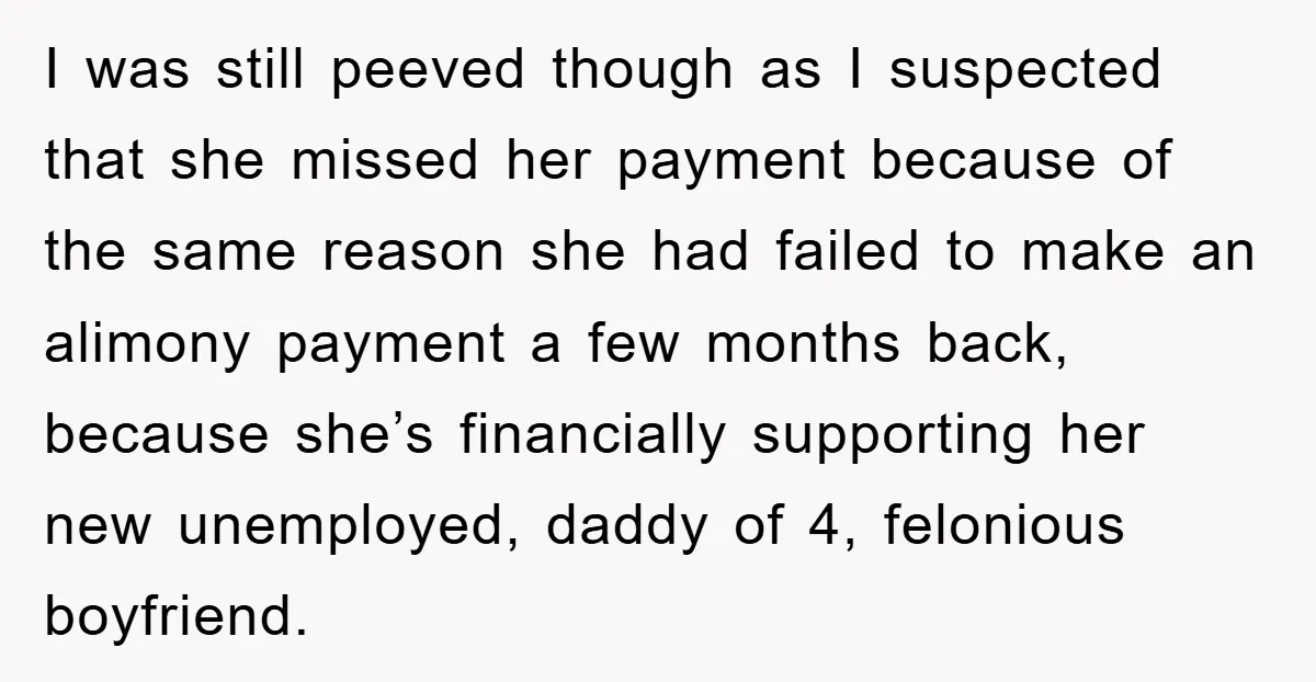 I was still peeved though as I suspected that she missed her payment because of the same reason she had failed to make an alimony payment a few months back,...
