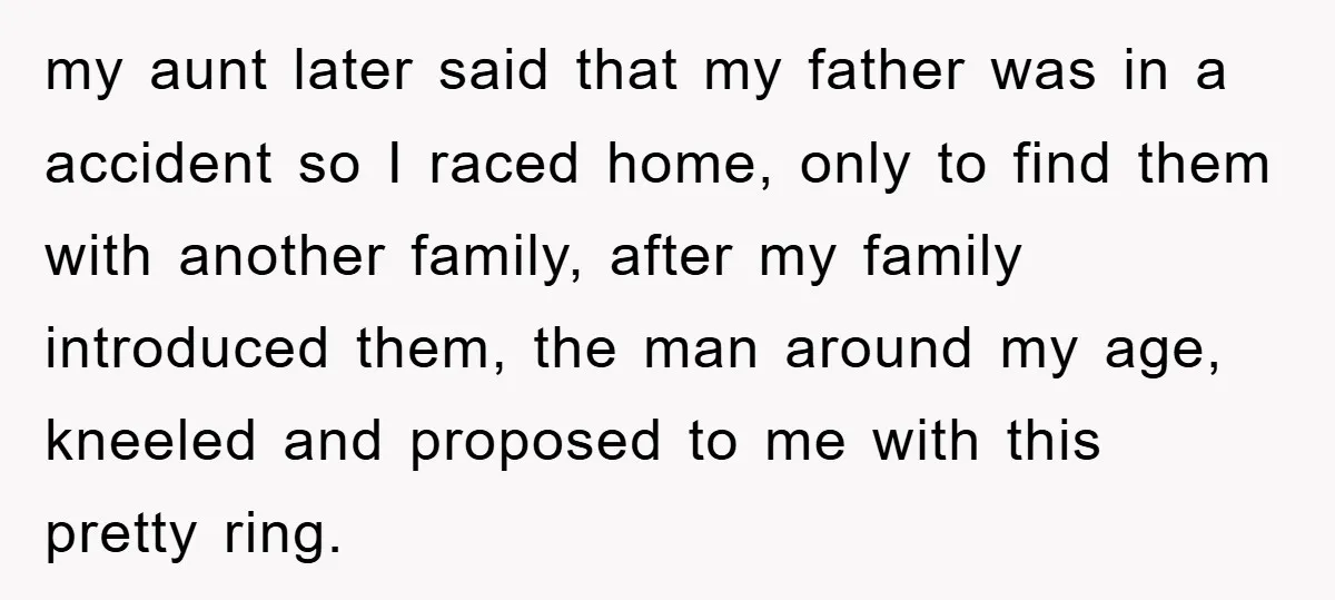my aunt later said that my father was in a accident so I raced home, only to find them with another family, after my family introduced them, the man around...