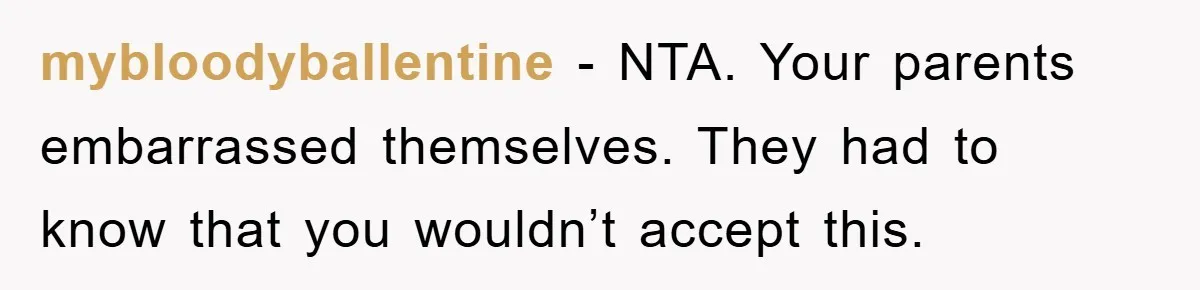 mybloodyballentine − NTA. Your parents embarrassed themselves. They had to know that you wouldn’t accept this.