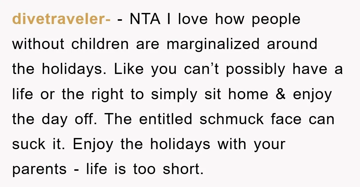 divetraveler- − NTA I love how people without children are marginalized around the holidays. Like you can’t possibly have a life or the right to simply sit home & enjoy...