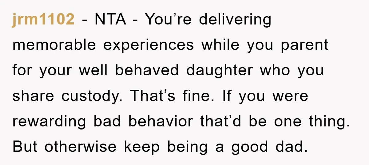 jrm1102 − NTA - You’re delivering memorable experiences while you parent for your well behaved daughter who you share custody. That’s fine. If you were rewarding bad behavior that’d be...