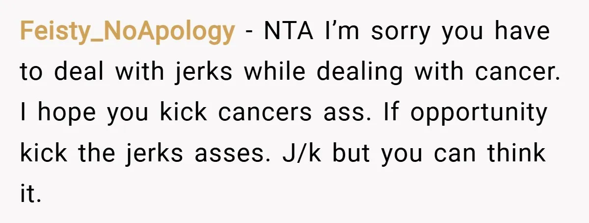 Feisty_NoApology − NTA I’m sorry you have to deal with jerks while dealing with cancer. I hope you kick cancers ass. If opportunity kick the jerks asses. J/k but you...