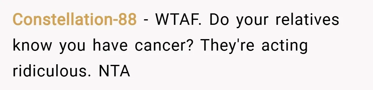 Constellation-88 − WTAF. Do your relatives know you have cancer? They're acting ridiculous. NTA