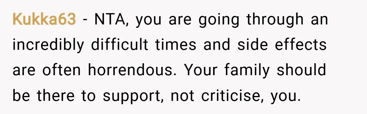 Kukka63 − NTA, you are going through an incredibly difficult times and side effects are often horrendous. Your family should be there to support, not criticise, you.
