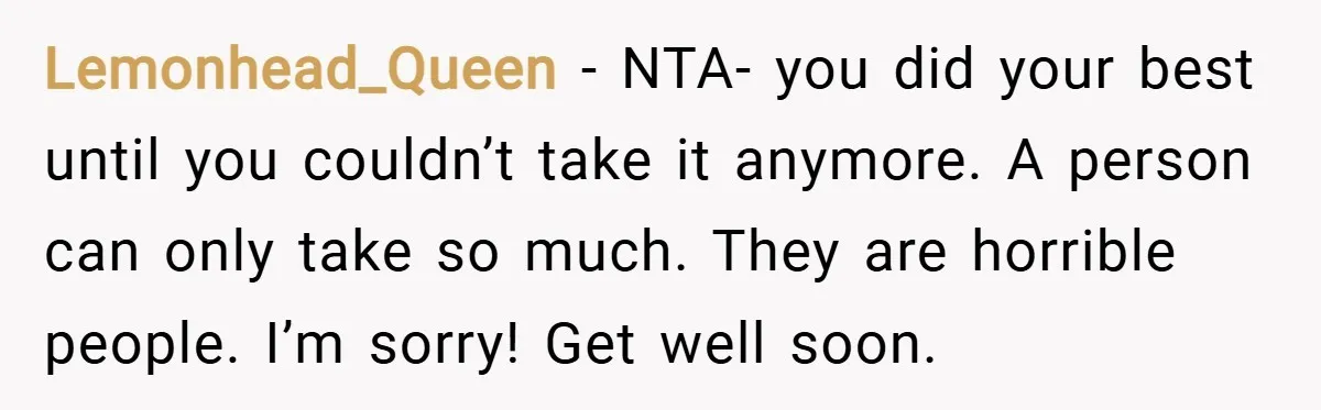 Lemonhead_Queen − NTA- you did your best until you couldn’t take it anymore. A person can only take so much. They are horrible people. I’m sorry! Get well soon.