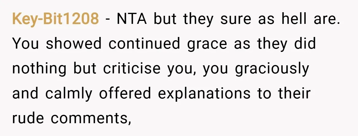 Key-Bit1208 − NTA but they sure as hell are. You showed continued grace as they did nothing but criticise you, you graciously and calmly offered explanations to their rude comments,