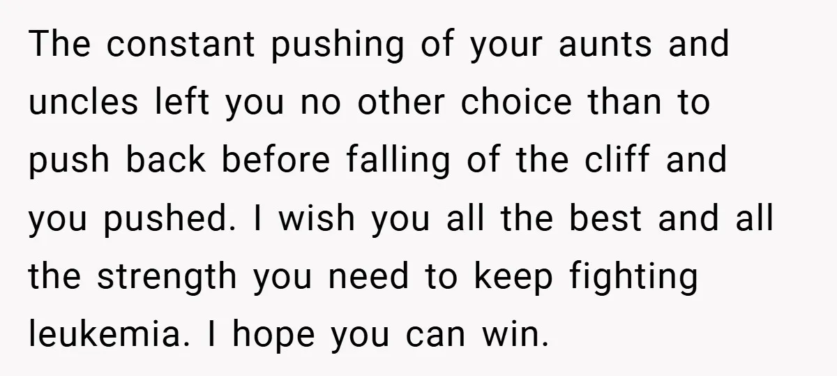 The constant pushing of your aunts and uncles left you no other choice than to push back before falling of the cliff and you pushed. I wish you all the...