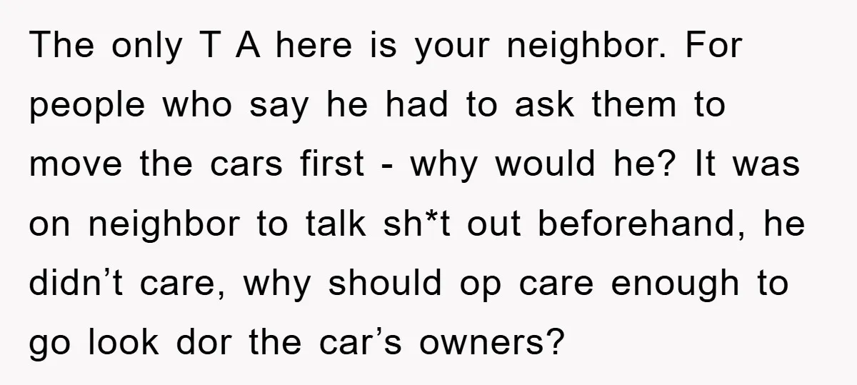 The only T A here is your neighbor. For people who say he had to ask them to move the cars first - why would he? It was on neighbor...