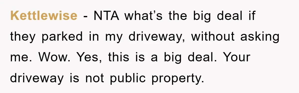 Kettlewise − NTA what’s the big deal if they parked in my driveway, without asking me. Wow. Yes, this is a big deal. Your driveway is not public property.