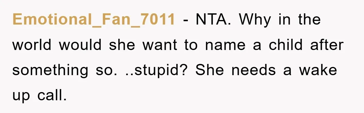 Emotional_Fan_7011 − NTA. Why in the world would she want to name a child after something so. ..stupid? She needs a wake up call.