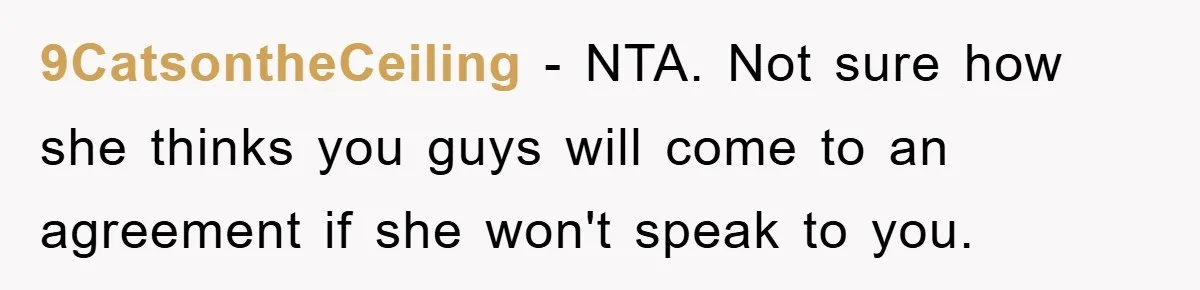 9CatsontheCeiling − NTA. Not sure how she thinks you guys will come to an agreement if she won't speak to you.