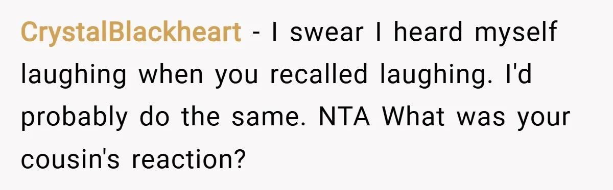 CrystalBlackheart − I swear I heard myself laughing when you recalled laughing. I'd probably do the same. NTA What was your cousin's reaction?