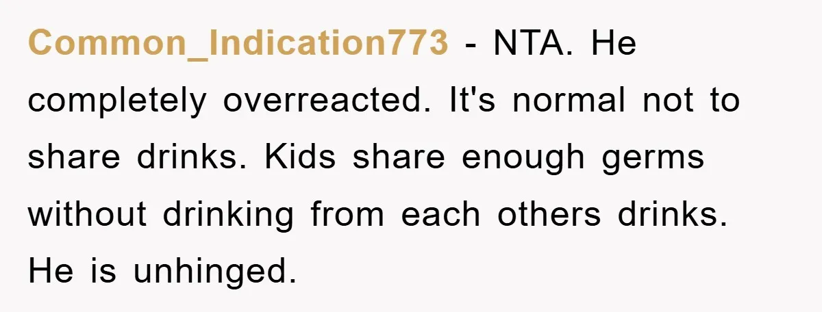 Common_Indication773 − NTA. He completely overreacted. It's normal not to share drinks. Kids share enough germs without drinking from each others drinks. He is unhinged.