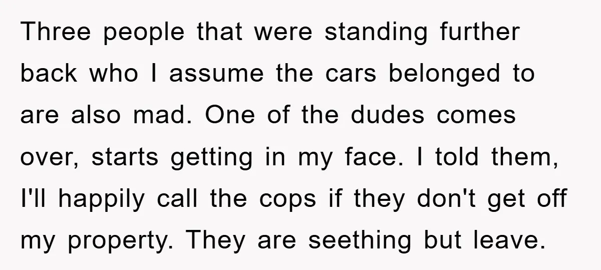 Three people that were standing further back who I assume the cars belonged to are also mad. One of the dudes comes over, starts getting in my face. I told...