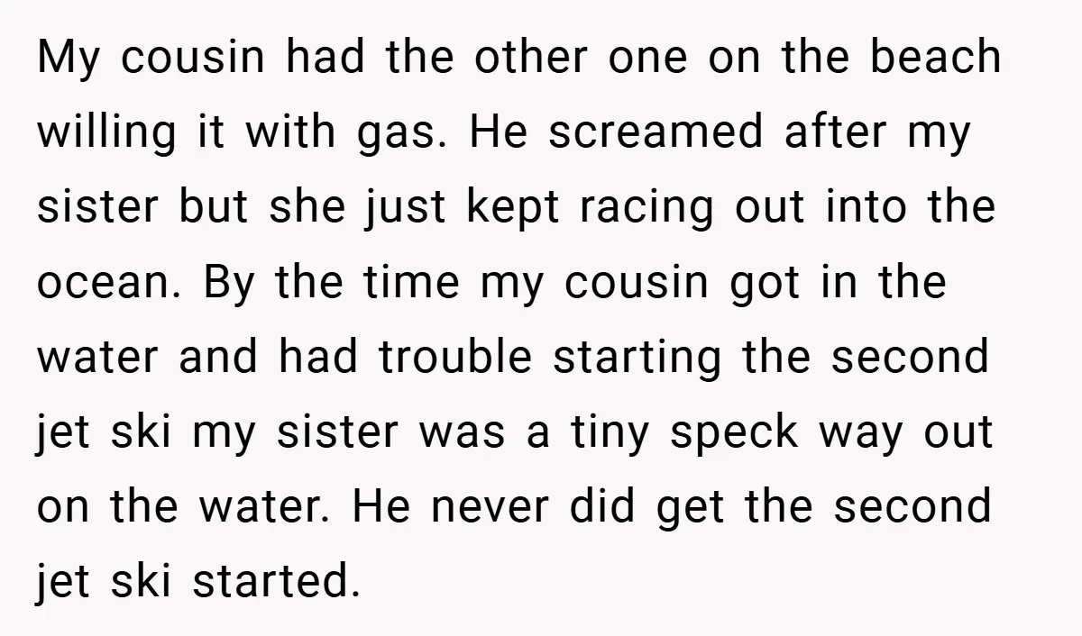 My cousin had the other one on the beach willing it with gas. He screamed after my sister but she just kept racing out into the ocean. By the time...