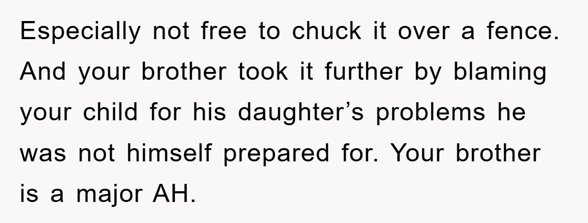 Especially not free to chuck it over a fence. And your brother took it further by blaming your child for his daughter’s problems he was not himself prepared for. Your...