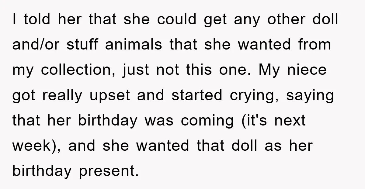 I told her that she could get any other doll and/or stuff animals that she wanted from my collection, just not this one. My niece got really upset and started...