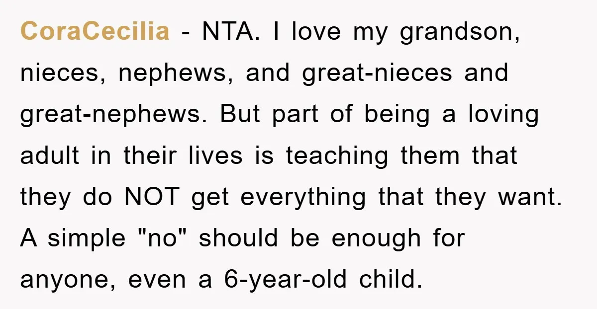 CoraCecilia − NTA. I love my grandson, nieces, nephews, and great-nieces and great-nephews. But part of being a loving adult in their lives is teaching them that they do NOT...
