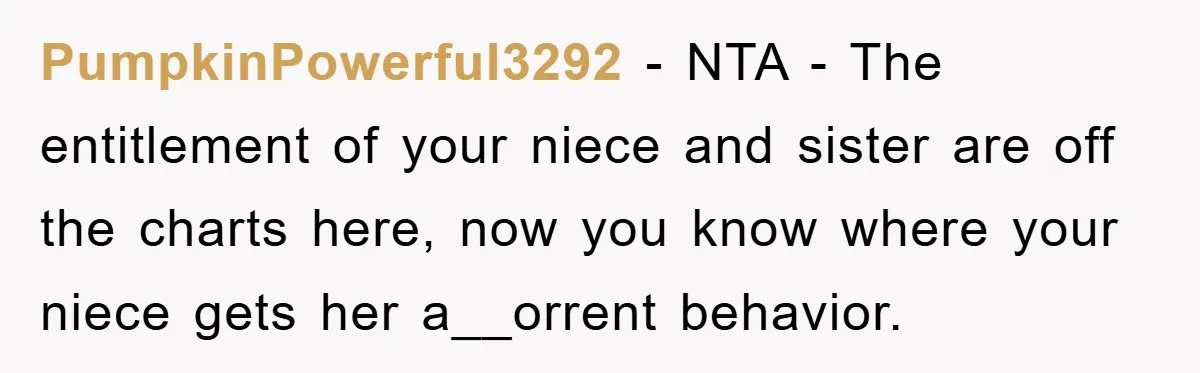 PumpkinPowerful3292 − NTA - The entitlement of your niece and sister are off the charts here, now you know where your niece gets her a__orrent behavior.