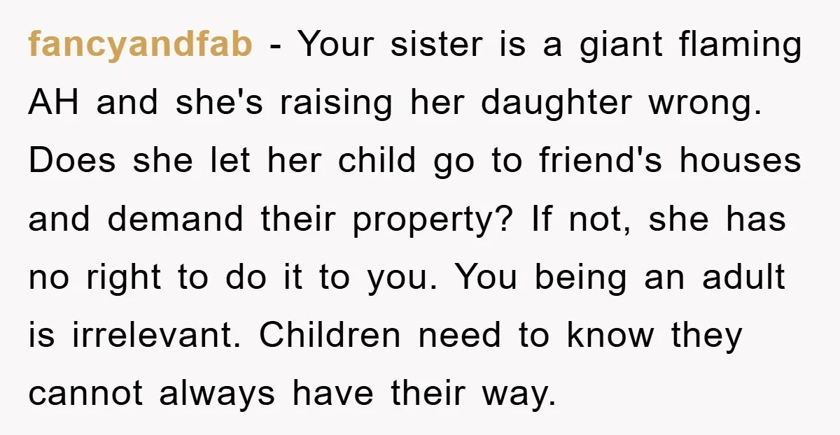 fancyandfab − Your sister is a giant flaming AH and she's raising her daughter wrong. Does she let her child go to friend's houses and demand their property? If not,...