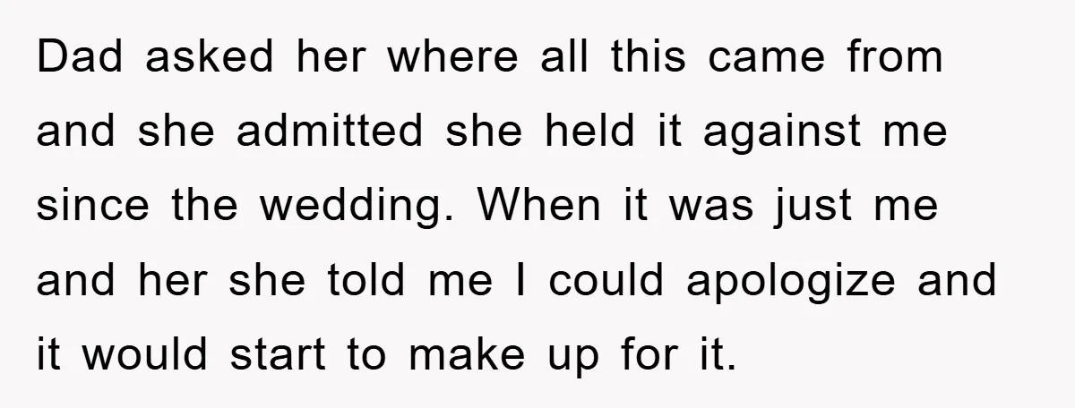 Dad asked her where all this came from and she admitted she held it against me since the wedding. When it was just me and her she told me I...