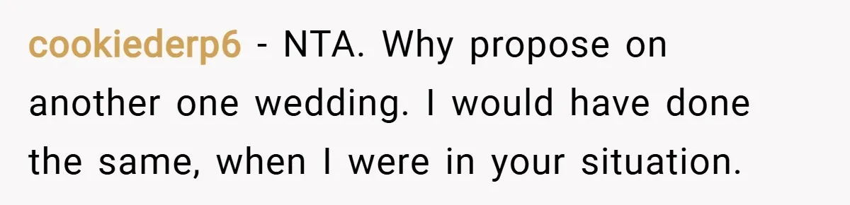 cookiederp6 − NTA. Why propose on another one wedding. I would have done the same, when I were in your situation.