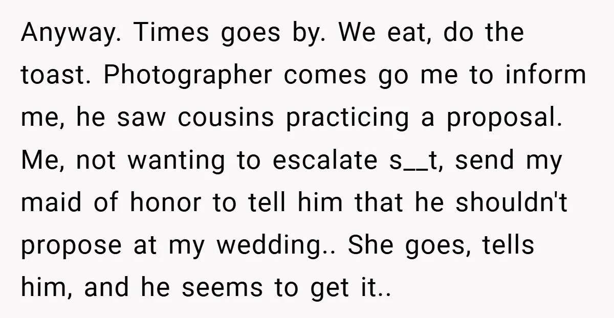 Anyway. Times goes by. We eat, do the toast. Photographer comes go me to inform me, he saw cousins practicing a proposal. Me, not wanting to escalate s__t, send my...