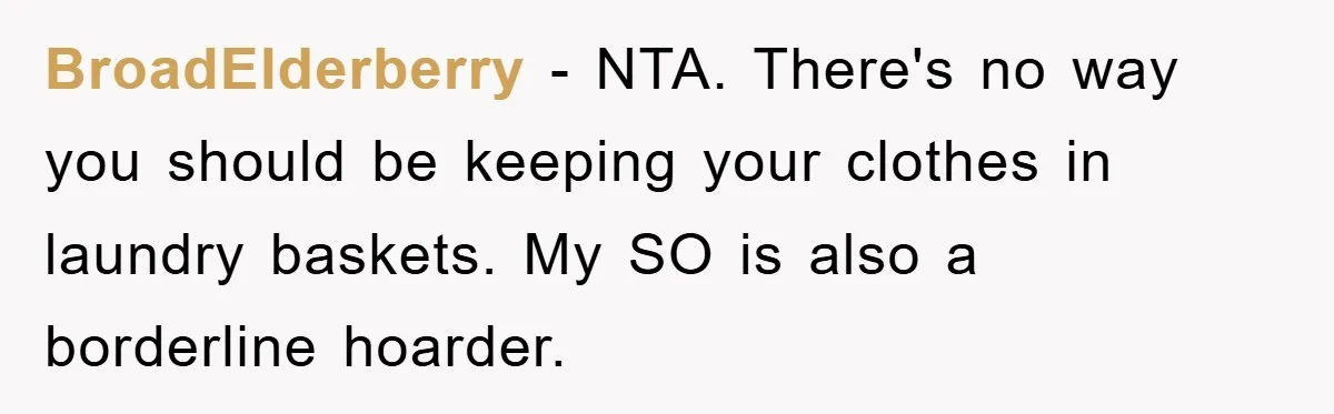 BroadElderberry - NTA. There's no way you should be keeping your clothes in laundry baskets. My SO is also a borderline hoarder.