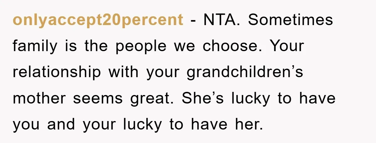 onlyaccept20percent − NTA. Sometimes family is the people we choose. Your relationship with your grandchildren’s mother seems great. She’s lucky to have you and your lucky to have her.