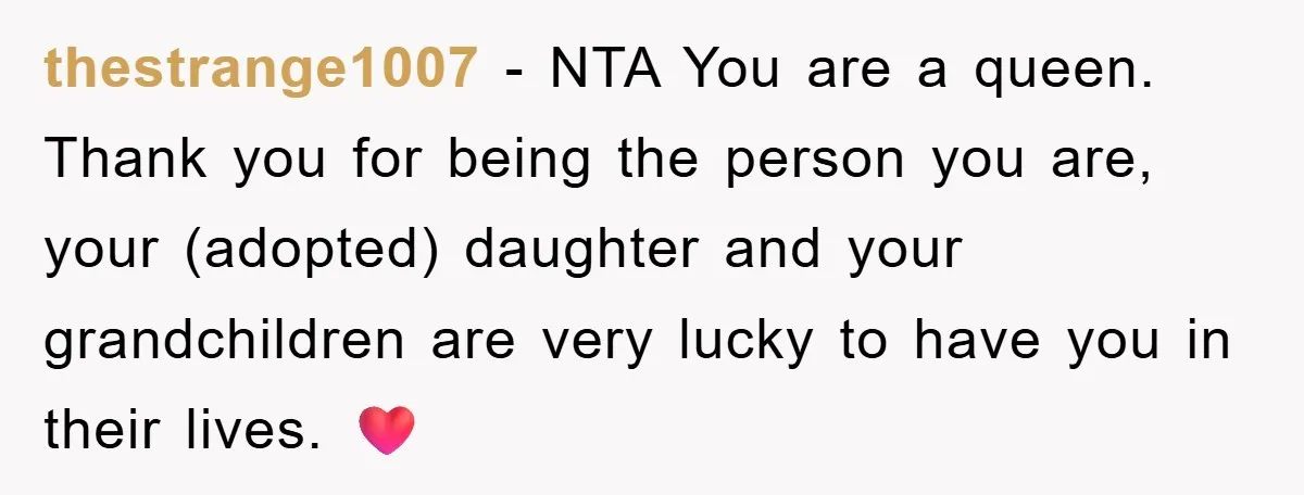 thestrange1007 − NTA You are a queen. Thank you for being the person you are, your (adopted) daughter and your grandchildren are very lucky to have you in their lives....