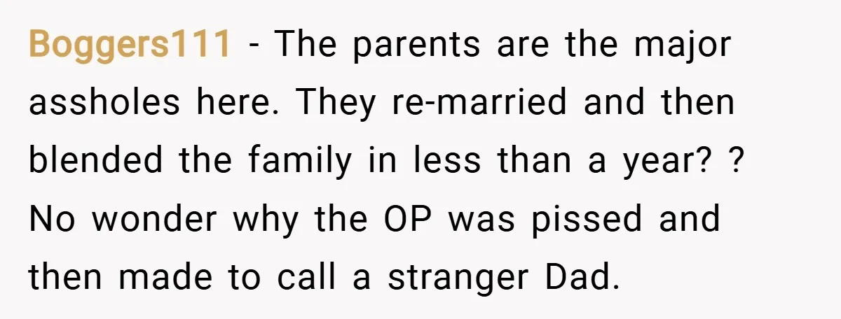 Boggers111 − The parents are the major assholes here. They re-married and then blended the family in less than a year? ? No wonder why the OP was pissed and...