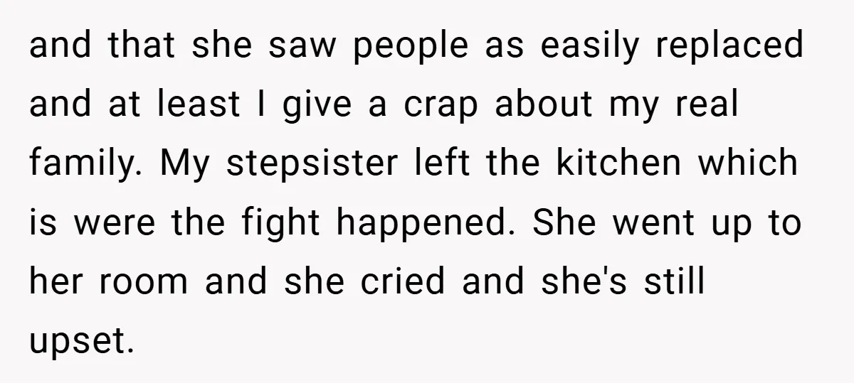 and that she saw people as easily replaced and at least I give a crap about my real family. My stepsister left the kitchen which is were the fight happened....