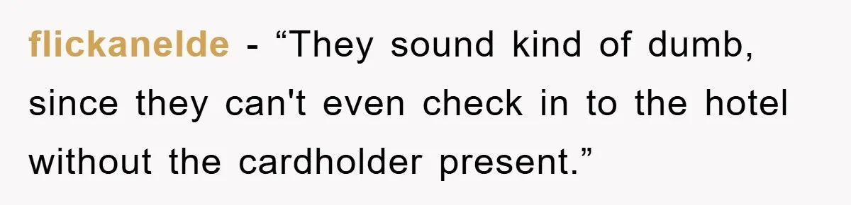 flickanelde - “They sound kind of dumb, since they can't even check in to the hotel without the cardholder present.”