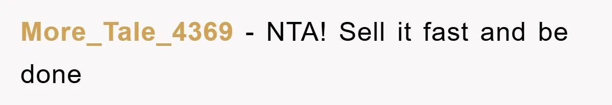 More_Tale_4369 − NTA! Sell it fast and be done