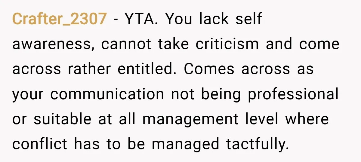 Crafter_2307 − YTA. You lack self awareness, cannot take criticism and come across rather entitled. Comes across as your communication not being professional or suitable at all management level where...