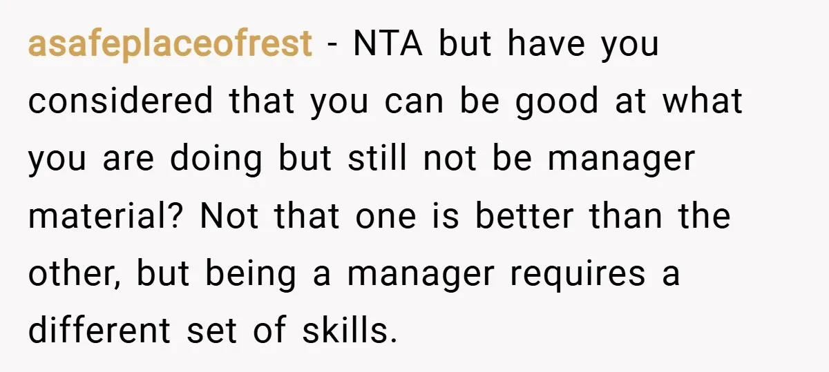 asafeplaceofrest − NTA but have you considered that you can be good at what you are doing but still not be manager material? Not that one is better than the...