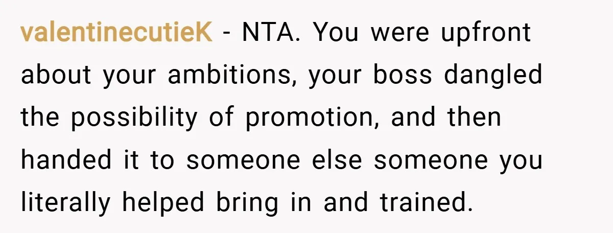valentinecutieK − NTA. You were upfront about your ambitions, your boss dangled the possibility of promotion, and then handed it to someone else someone you literally helped bring in and...