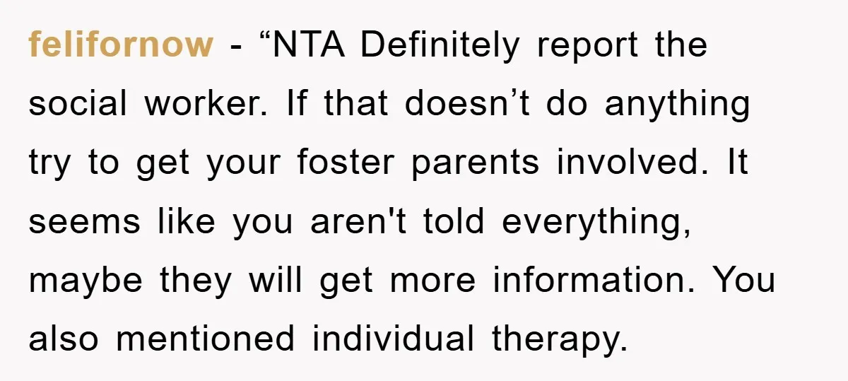 felifornow - “NTA Definitely report the social worker. If that doesn’t do anything try to get your foster parents involved. It seems like you aren't told everything, maybe they will...