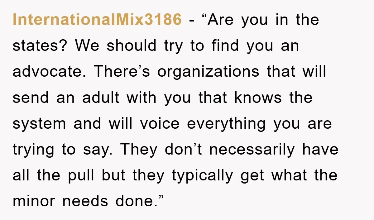 InternationalMix3186 - “Are you in the states? We should try to find you an advocate. There’s organizations that will send an adult with you that knows the system and will...