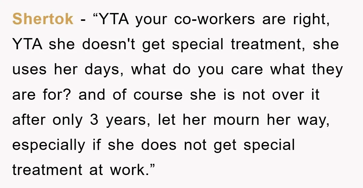 Shertok - “YTA your co-workers are right, YTA she doesn't get special treatment, she uses her days, what do you care what they are for? and of course she is...