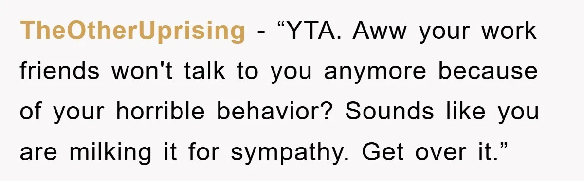 TheOtherUprising - “YTA. Aww your work friends won't talk to you anymore because of your horrible behavior? Sounds like you are milking it for sympathy. Get over it.”