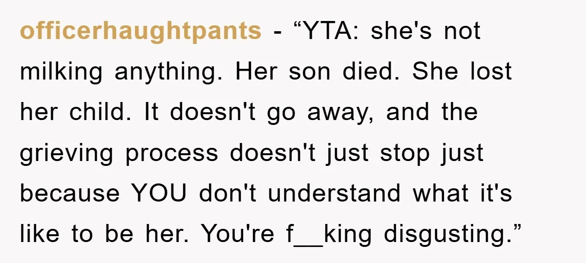 officerhaughtpants - “YTA: she's not milking anything. Her son died. She lost her child. It doesn't go away, and the grieving process doesn't just stop just because YOU don't understand...
