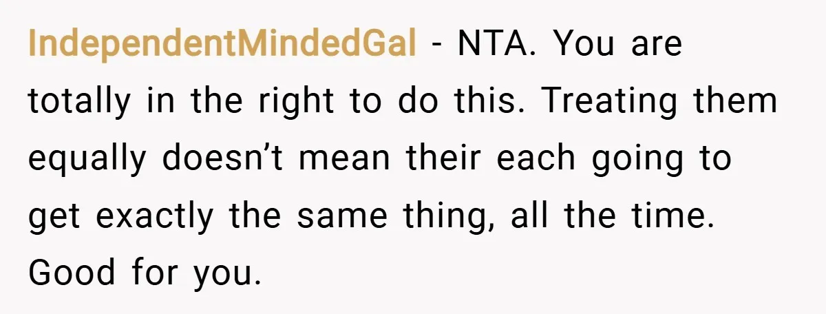 IndependentMindedGal − NTA. You are totally in the right to do this. Treating them equally doesn’t mean their each going to get exactly the same thing, all the time. Good...